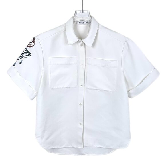 CW0113 Christian Dior White Floral Print Cotton Lapel Single-Breasted Short Slee